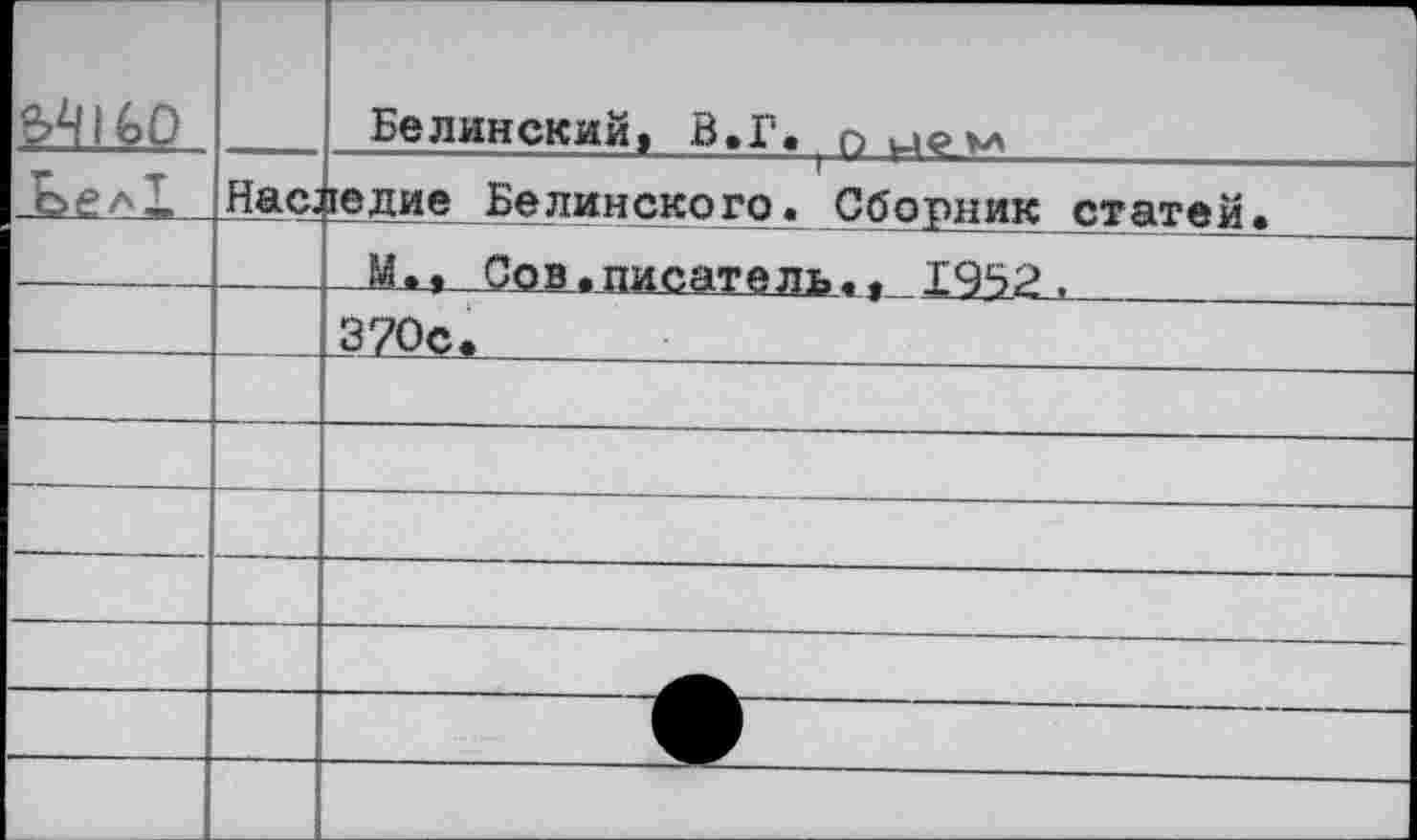 ﻿			—' Белинский, В.Г. о и<?^>
	Нас;	юдие Белинского. Сборник статей.	 М., Сов * писатель«, 1952 .	
		370с»
—	—	
		—
		